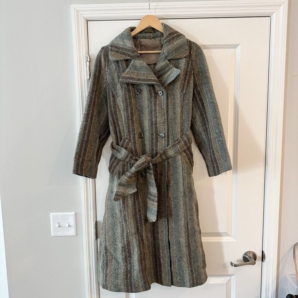 Vtg Hourihan Boru Ireland Gray Tweed Wool Double Breasted Trench Coat Stripes